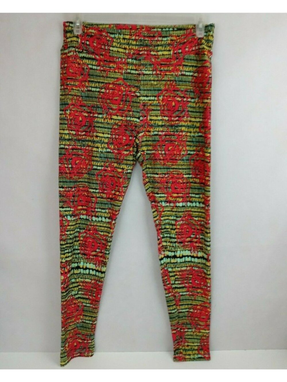 New LuLaRoe Tall & Curvy Leggings Green & Yellow With Pink Roses Design